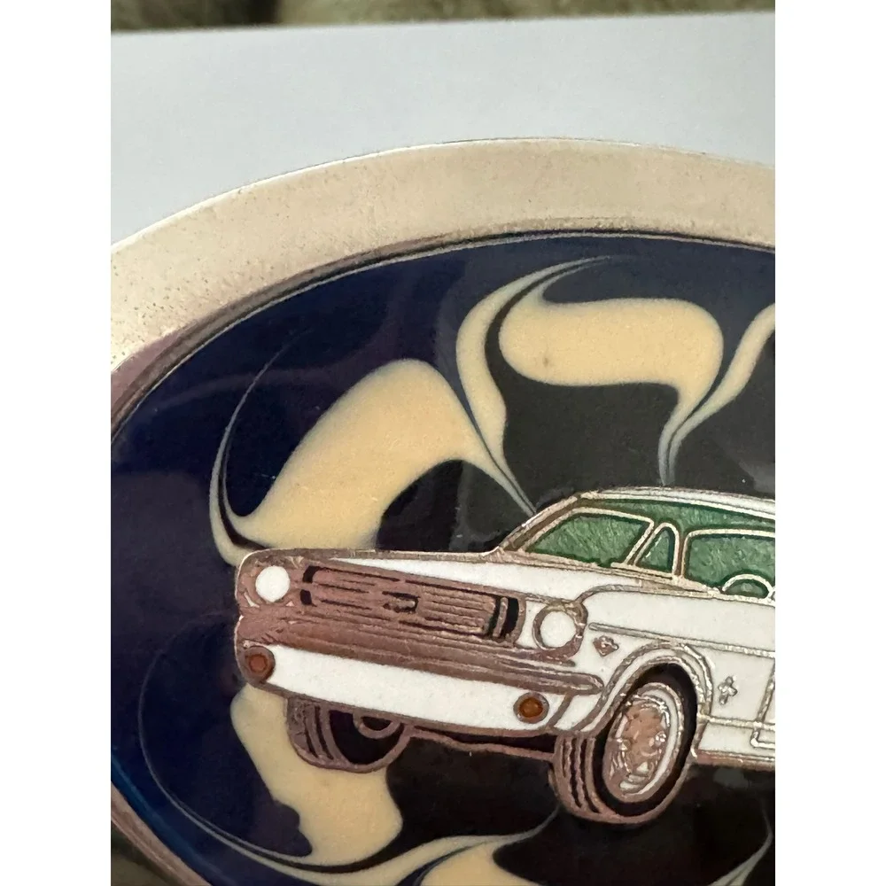 Vintage Ford Mustang Belt Buckle White Muscle Car Enamel Blue Swirl Oval Retro